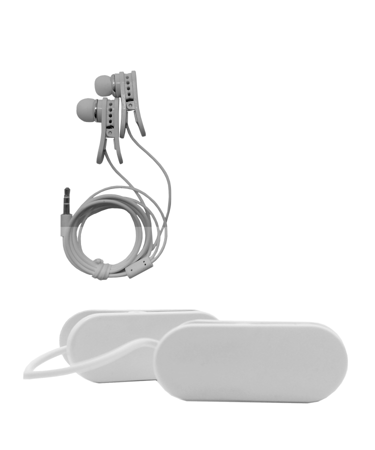 Union Printed Ear Buds With Clothing Clip — White