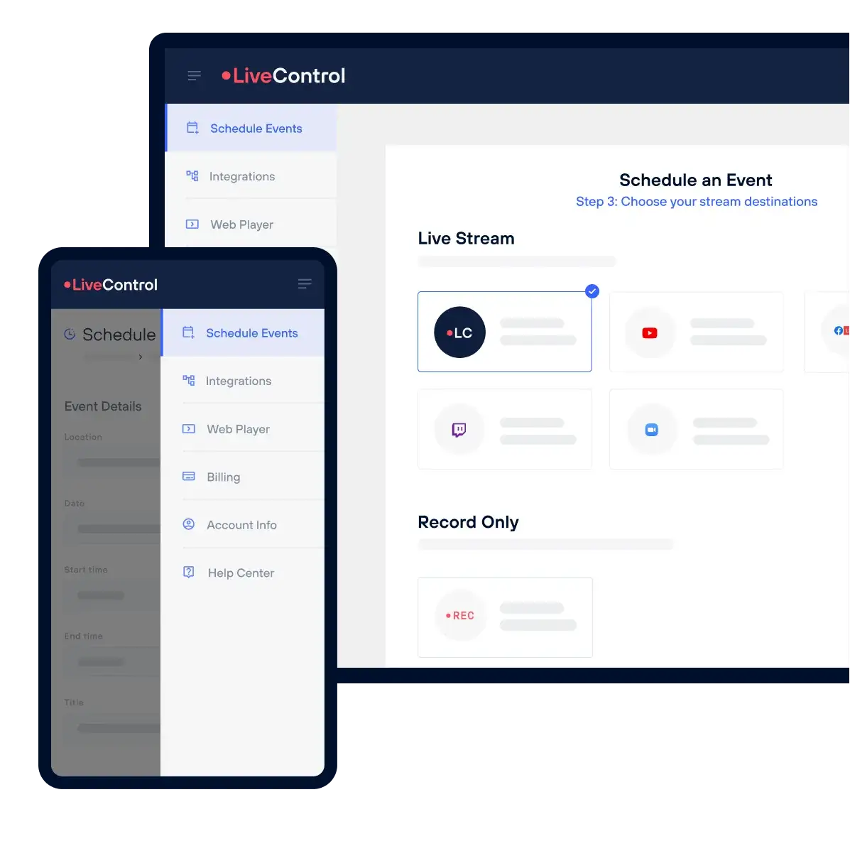 LiveControl event scheduling and management dashboard interface