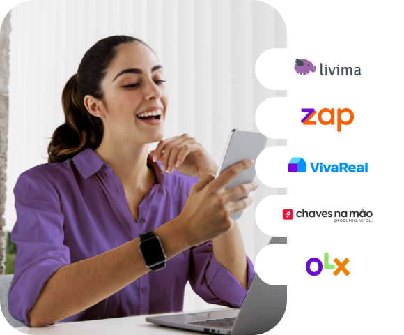 Mulher sorridente usando o app da Livima. Ao redor dela, uma ilustração de órbitas com os serviços oferecidos na Divulgação 360.