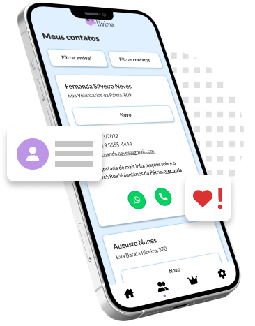 Imagem de um smartphone demostrando a tela de contatos do aplicativo da Livima