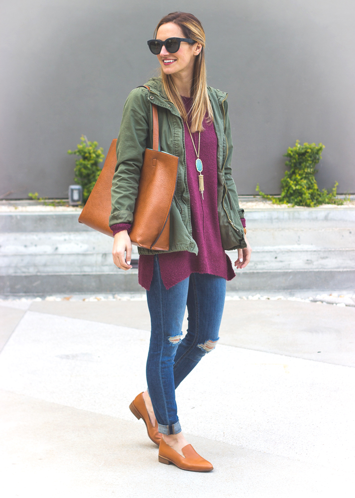 livvyland-blog-olivia-watson-joes-distressed-skinny-jeans-tan-madewell-loafer-flats-green-utility-jacket-plum-sweater-austin-texas-fashion-blogger-2