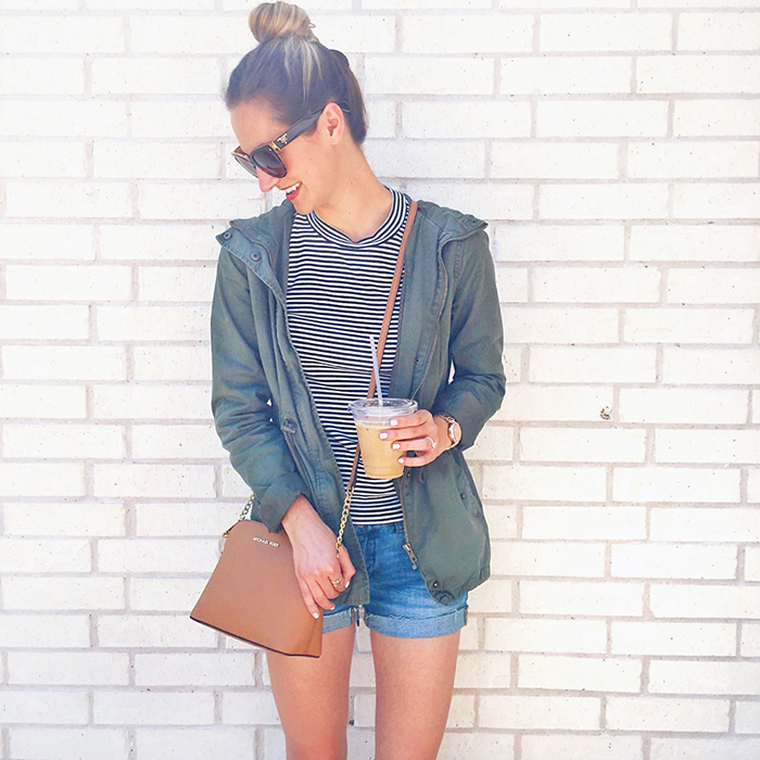 livvyland-blog-olivia-watson-spring-style-austin-texas-fashion-blogger-iced-coffee-striped-tee-shirt-green-utility-jacket-cut-off-denim-shorts-madewell-outfit