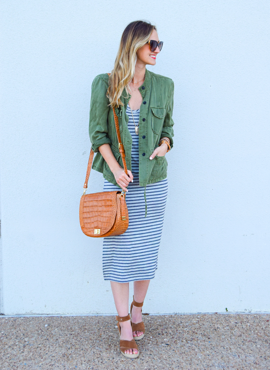 livvyland-blog-olivia-watson-austin-texas-fashion-blogger-striped-midi-dress-green-utility-jacket-brahmin-sonny-crossbody-handbag-prada-cat-eye-sunglasses-casual-outfit-4