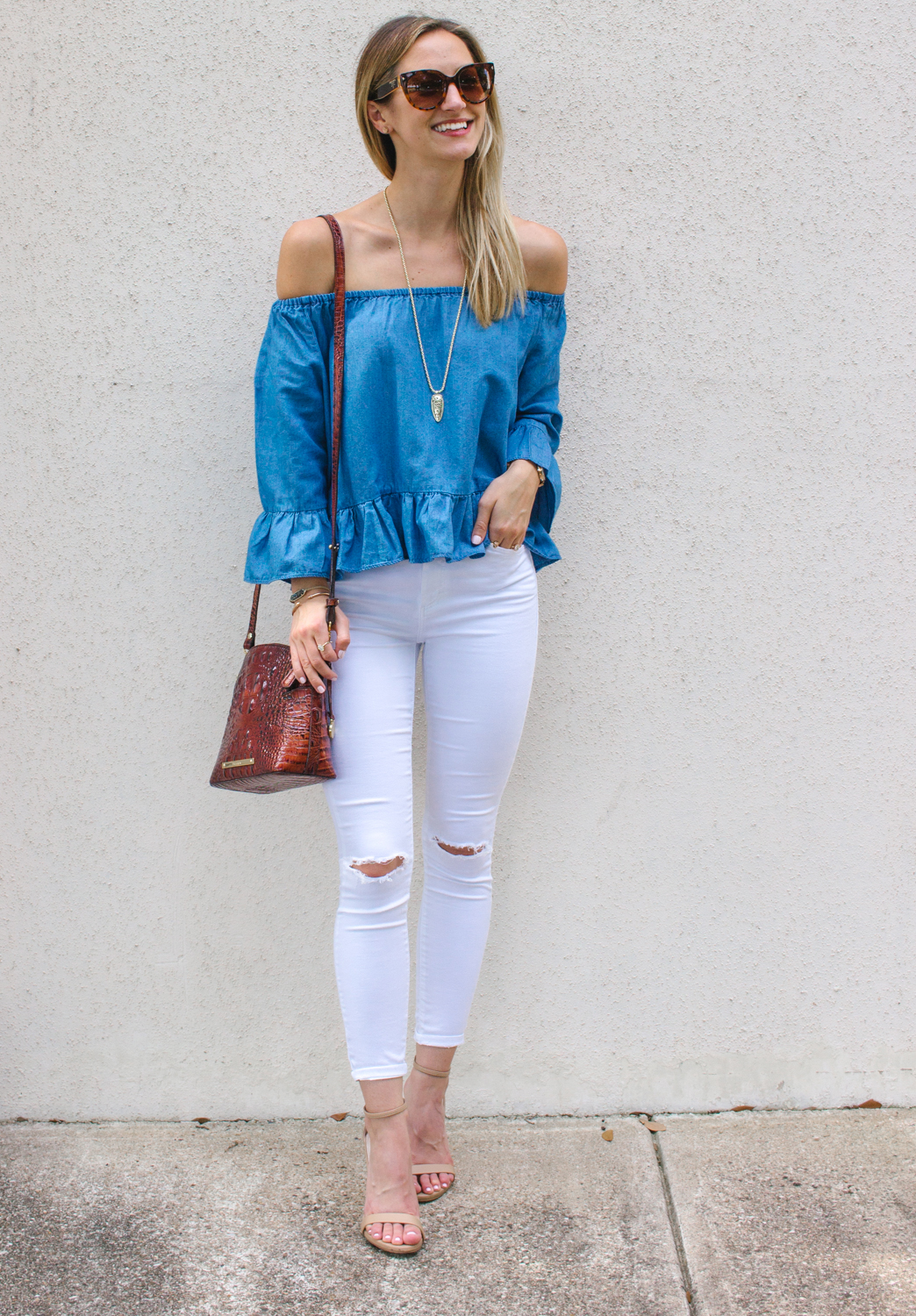 Chambray Off Shoulder Top - LivvyLand | Austin Fashion and Style Blogger