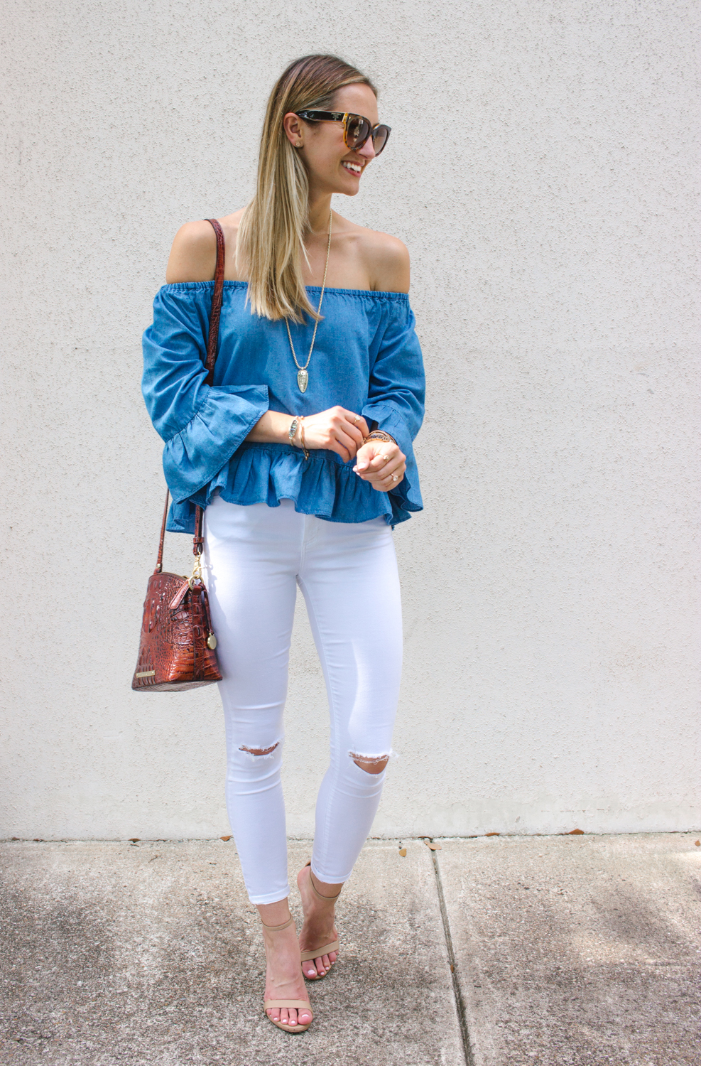 blue off shoulder top outfit