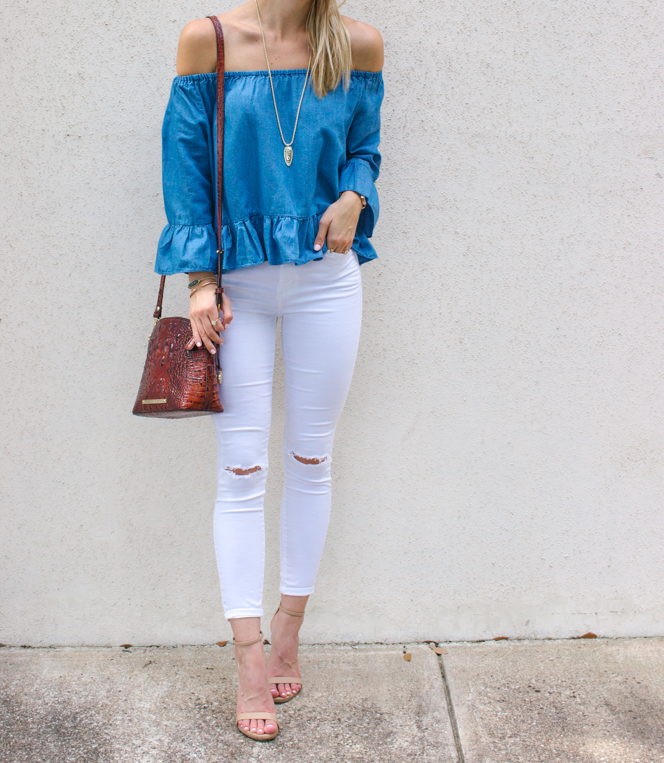 blue off shoulder top outfit