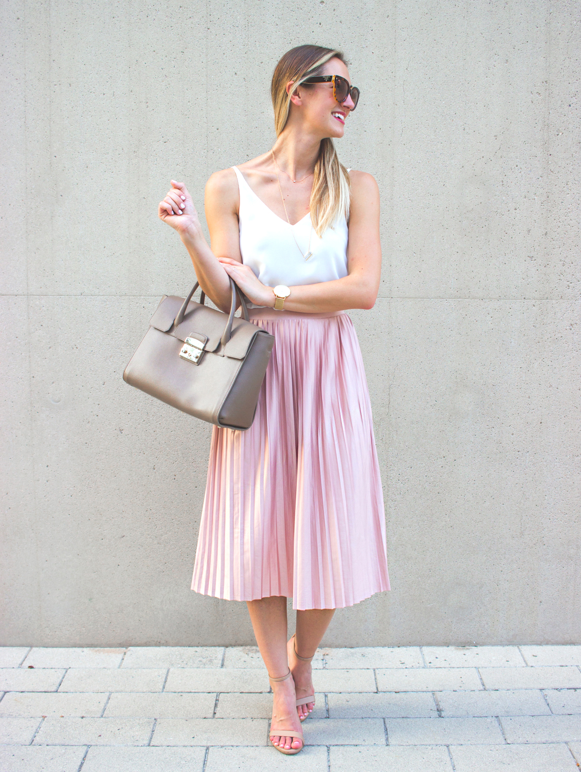 Blush Pink Pleated Midi Skirt Livvyland Austin Fashion And Style Blogger 9019