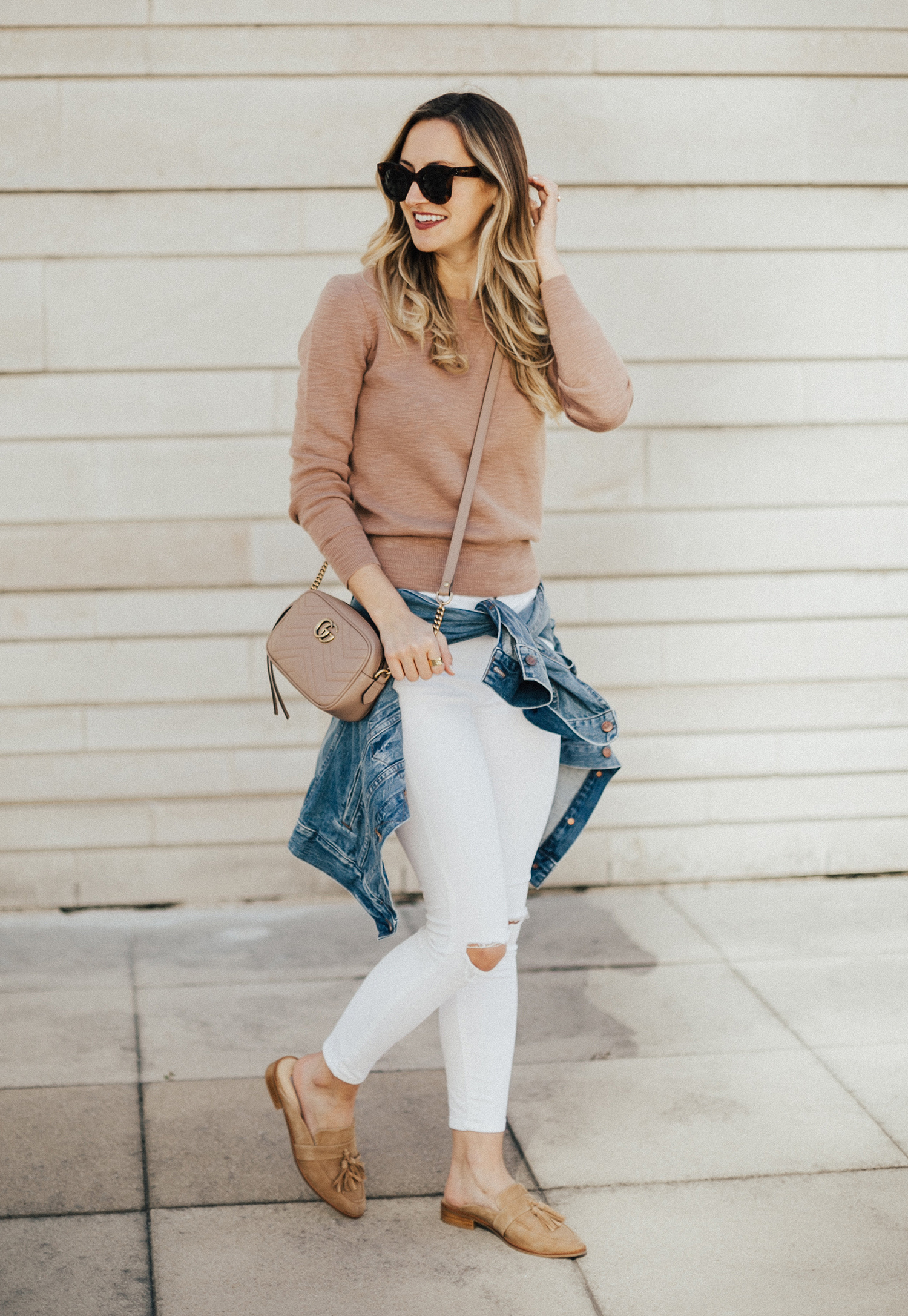 white denim skirt outfit with striped sweater louis vuitton graceful mm  YESMISSY - YesMissy