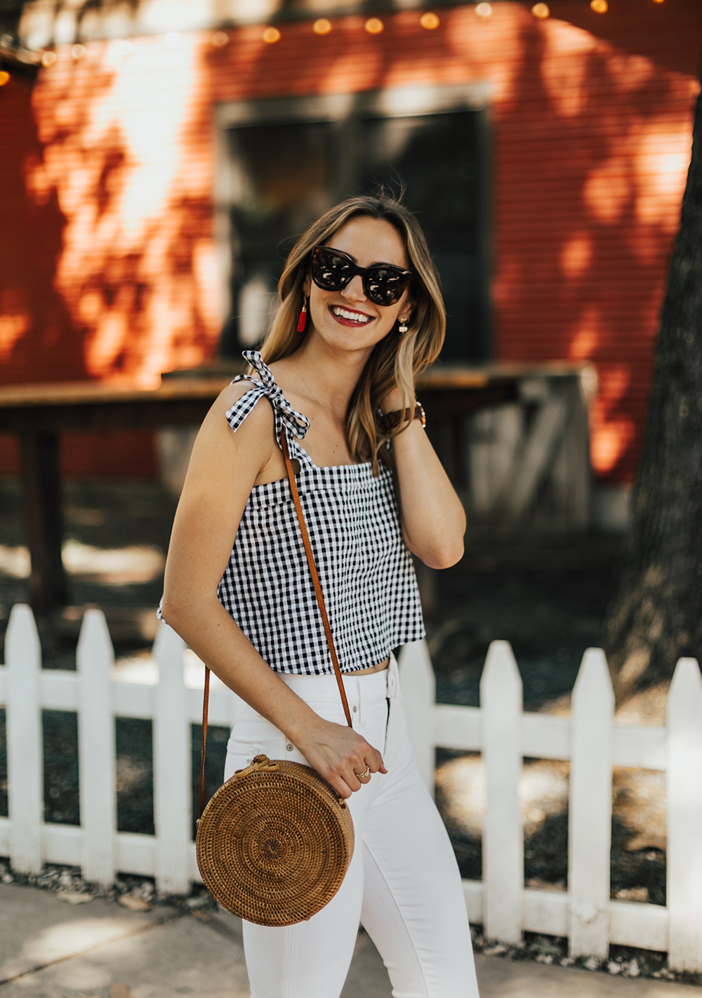 Gingham Top & Round Straw Handbag - LivvyLand