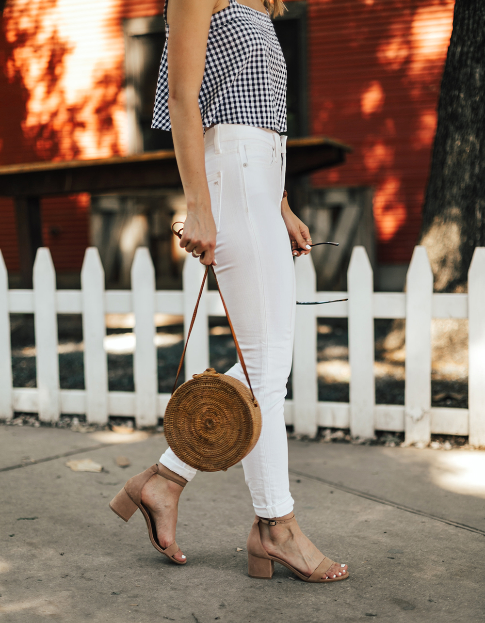 Gingham Top & Round Straw Handbag - LivvyLand | Austin Fashion and ...