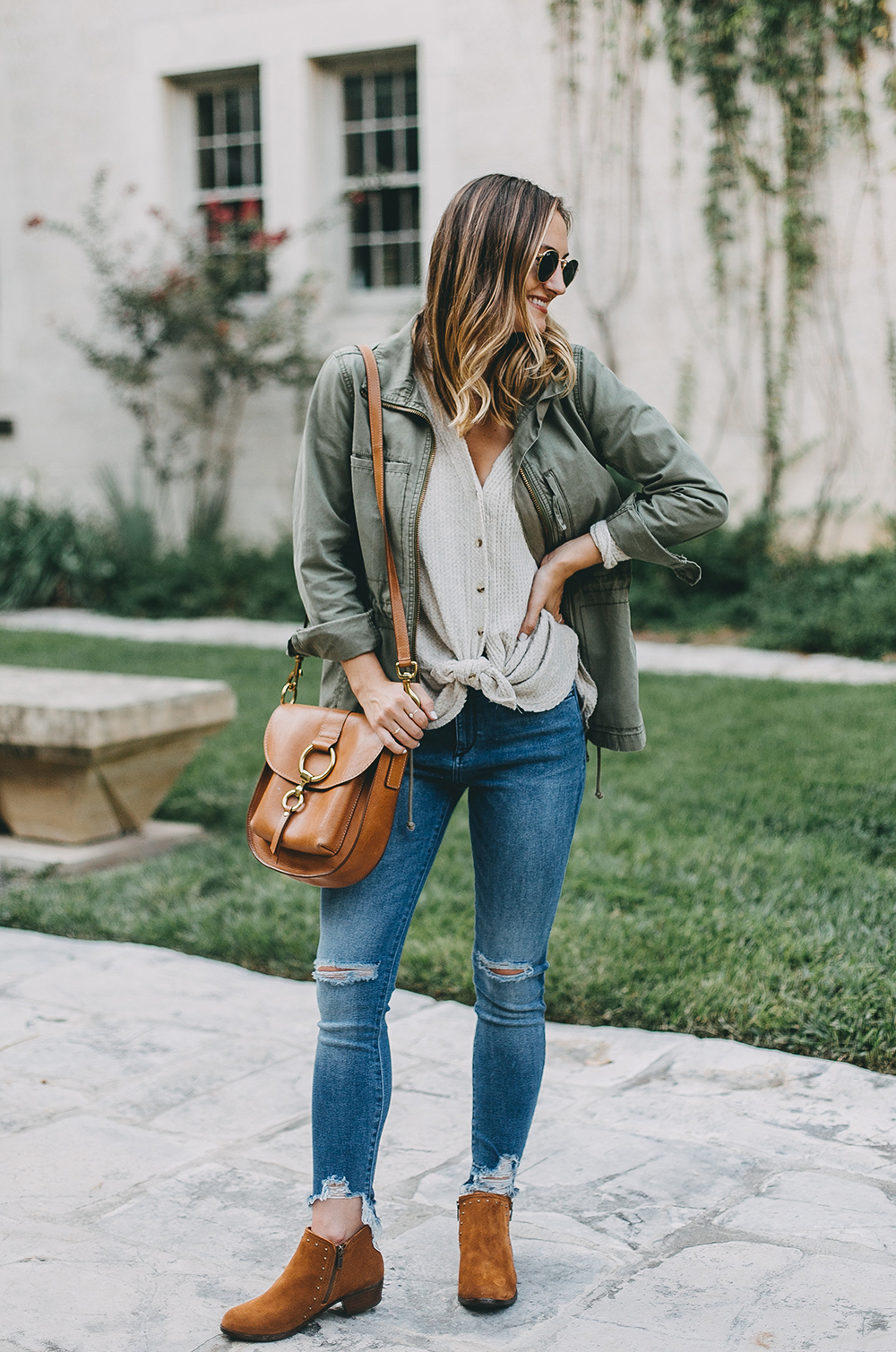 tan suede booties outfit