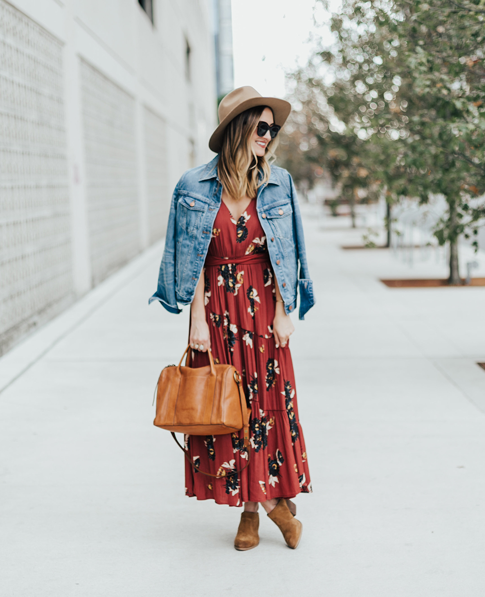 boho dress with denim jacket