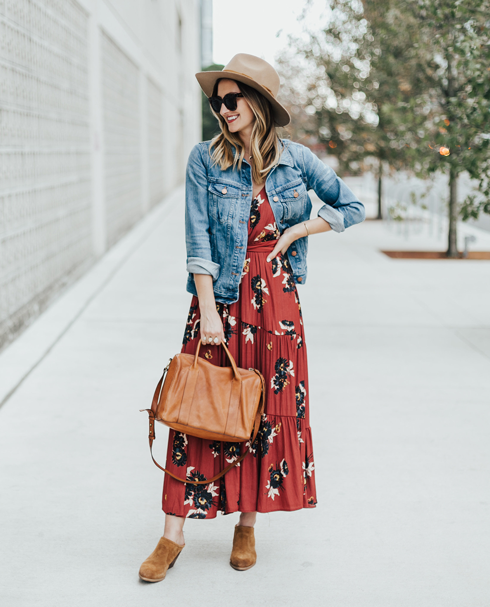 boho dress with denim jacket