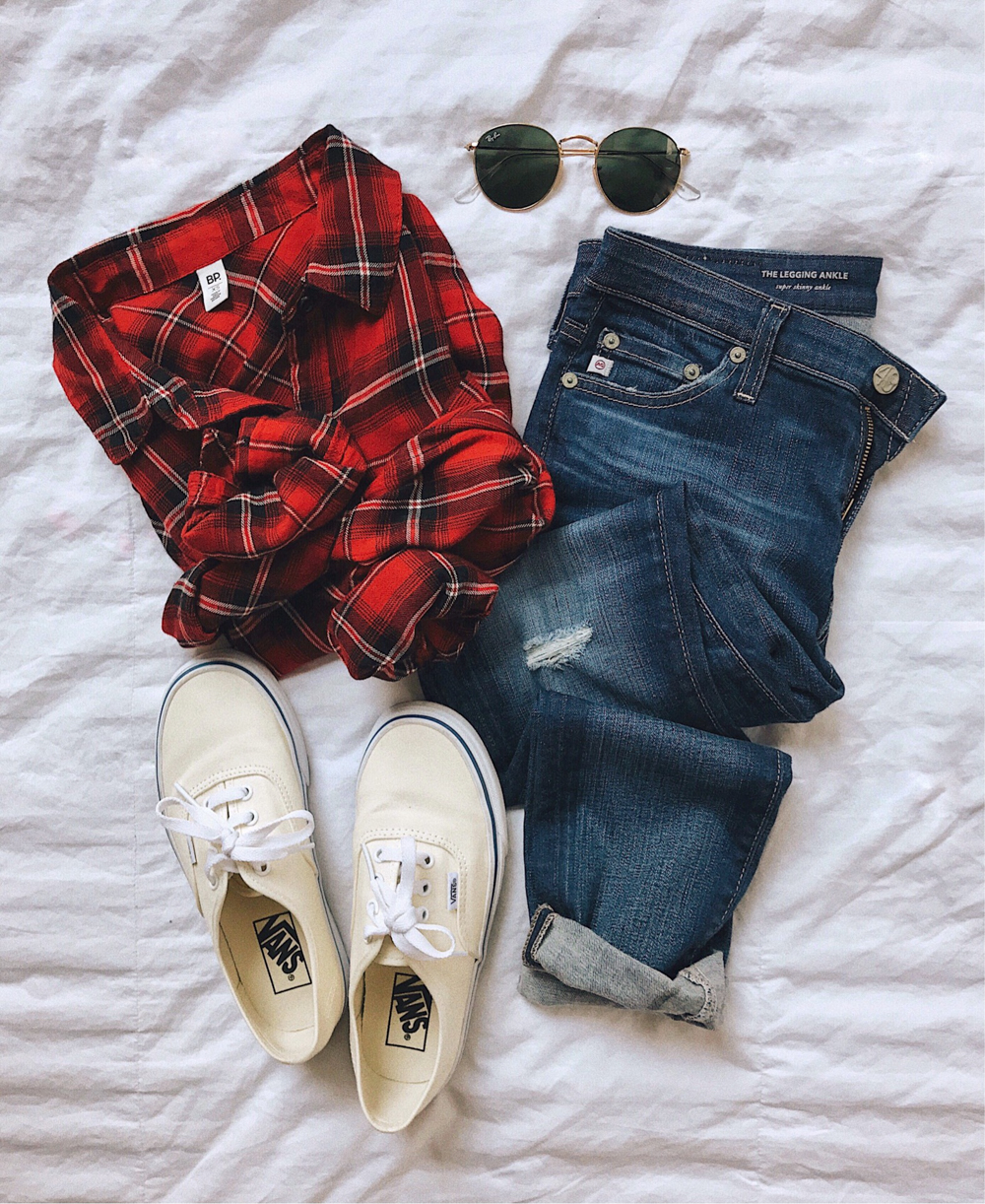 livvyland-blog-olivia-watson-fall-outfit-plaid-button-up-top-vans-sneakers-ag-denim