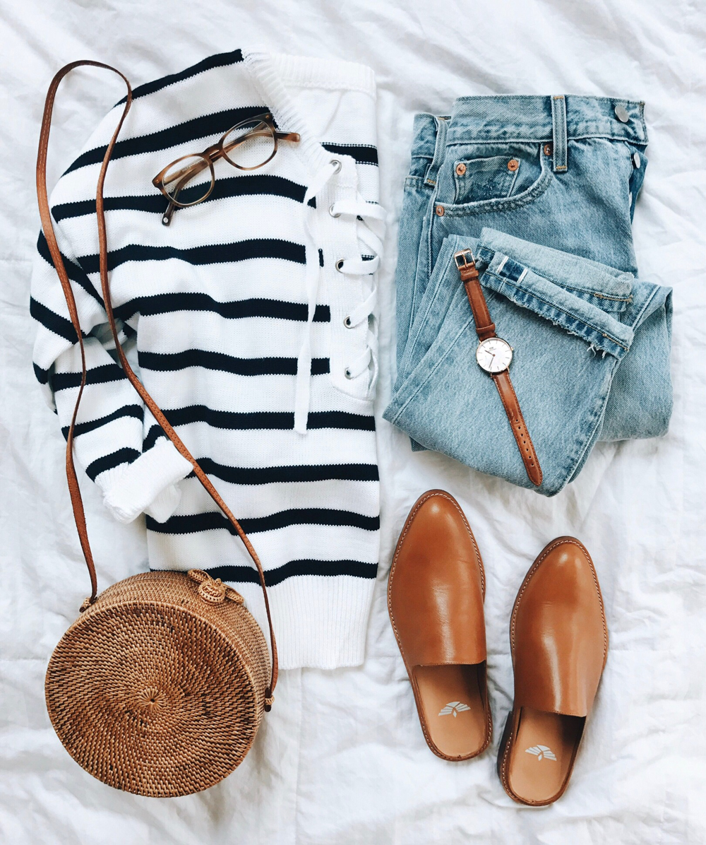 livvyland-blog-olivia-watson-fall-outfit-striped-nautical-sweater-tan-slides-rattan-bag