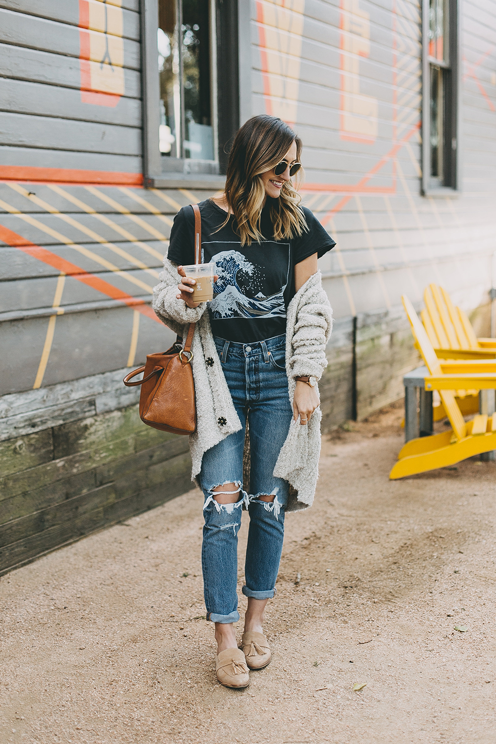 livvyland-blog-olivia-watson-toms-coffee-austin-texas-fashion-blogger-casual-fall-weekend-outfit-boucle-knit-cardigan-urban-outfitters-the-great-wave-art-6