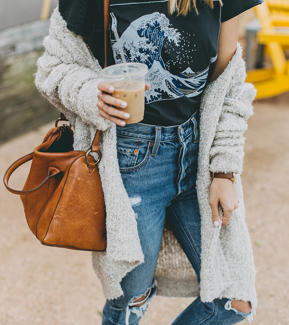 livvyland-blog-olivia-watson-toms-coffee-austin-texas-fashion-blogger-casual-fall-weekend-outfit-boucle-knit-cardigan-urban-outfitters-the-great-wave-art-7