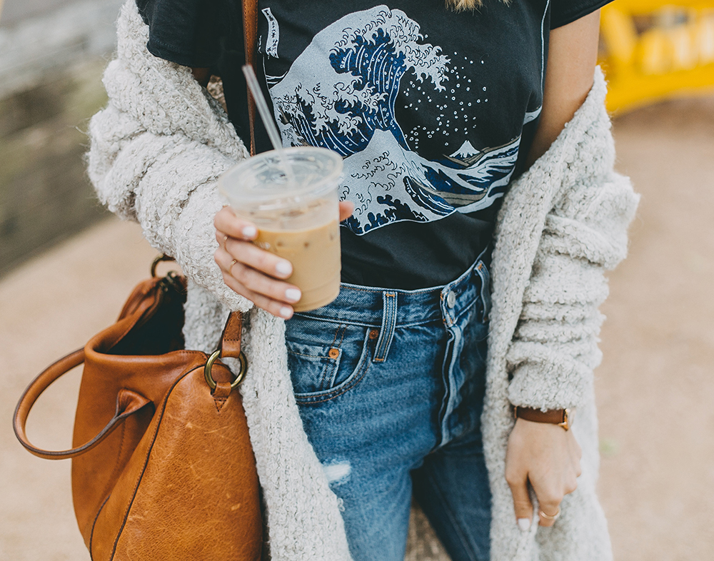 livvyland-blog-olivia-watson-toms-coffee-austin-texas-fashion-blogger-casual-fall-weekend-outfit-boucle-knit-cardigan-urban-outfitters-the-great-wave-art-9