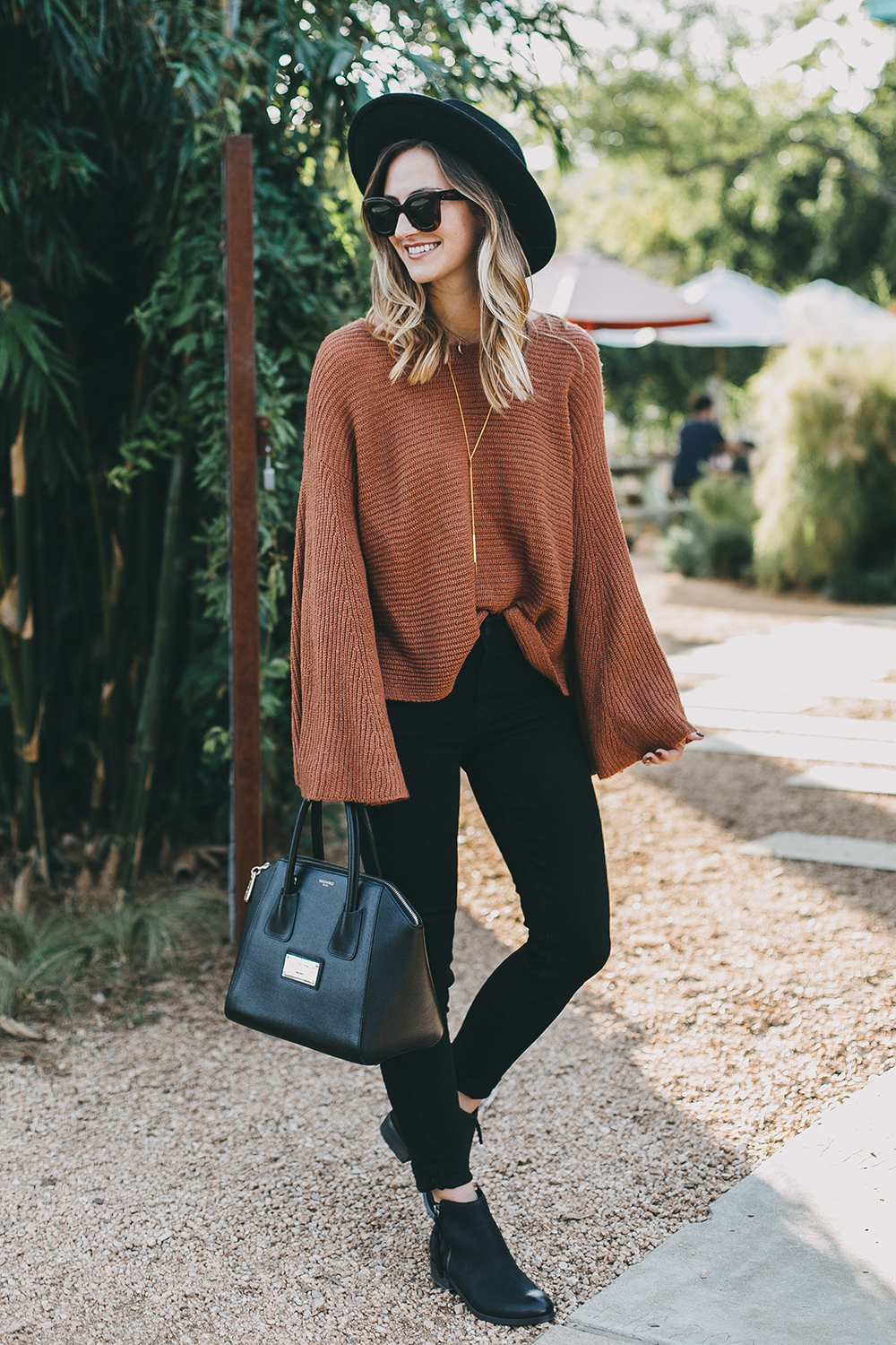 burnt orange sweater outfit