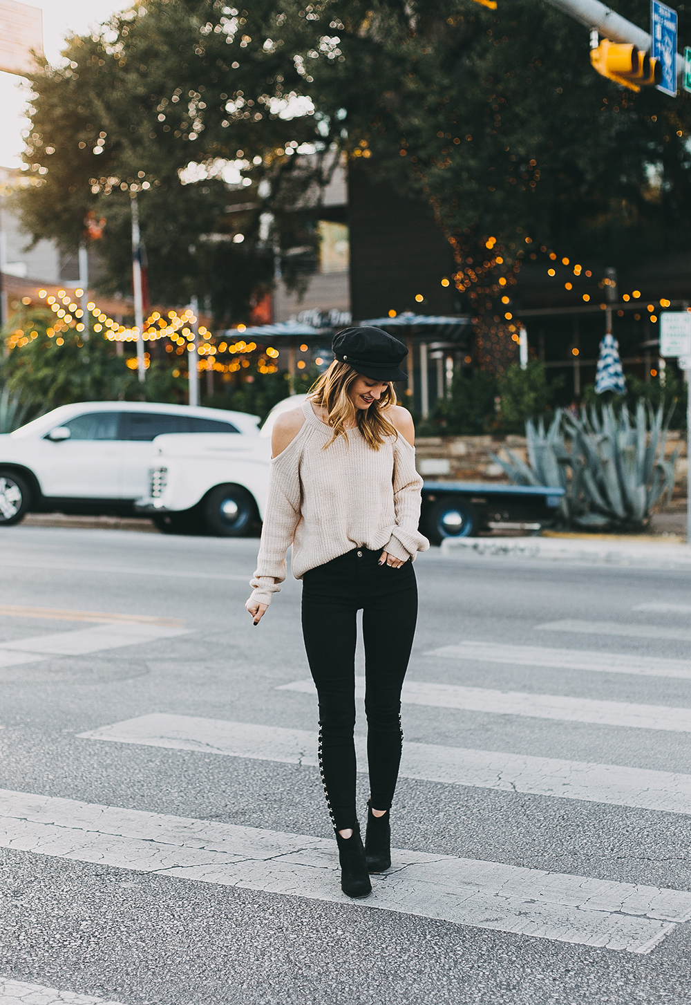 livvyland-blog-olivia-watson-7-brand-black-jeans-sanctuary-cold-shoulder-sweater-baker-boy-hat-4