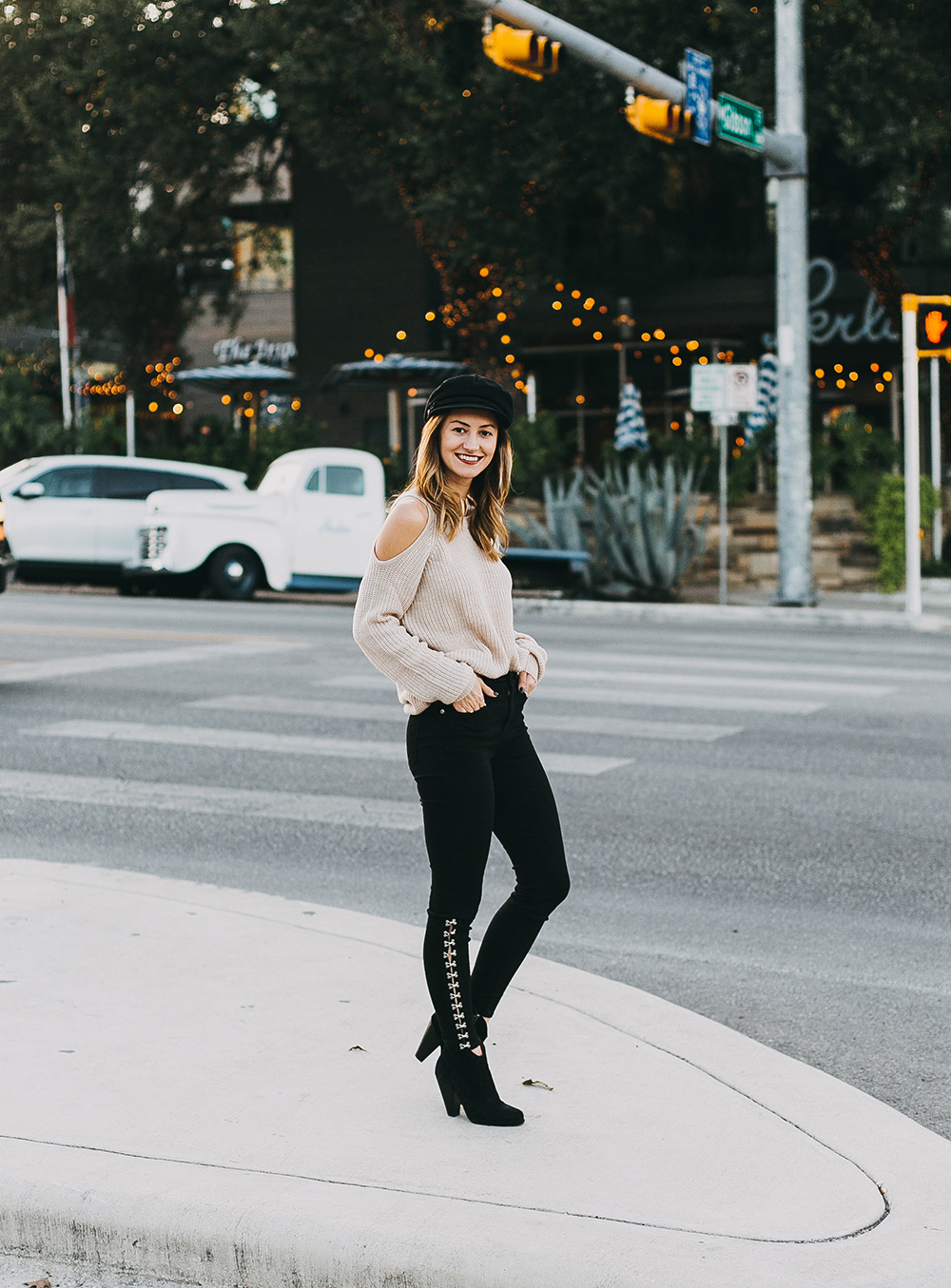 livvyland-blog-olivia-watson-7-brand-black-jeans-sanctuary-cold-shoulder-sweater-baker-boy-hat-8