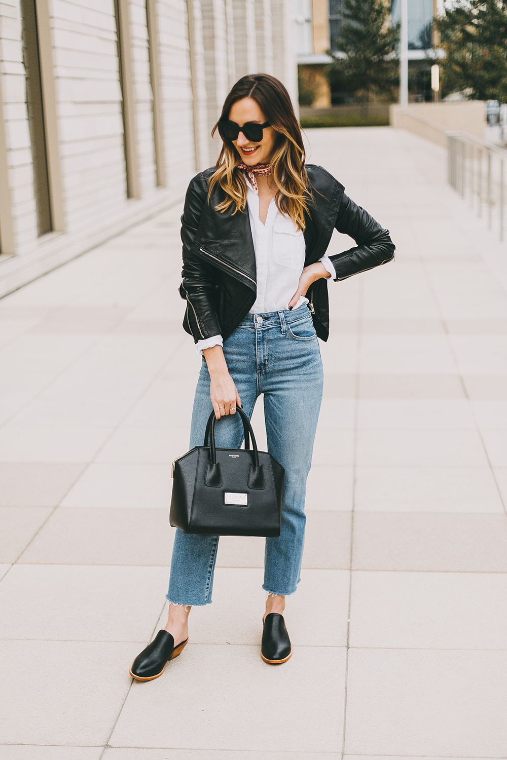 livvyland-blog-olivia-watson-crop-flare-jeans-leather-jacket-neck-scarf-bandana-untuck-it-white-top-6