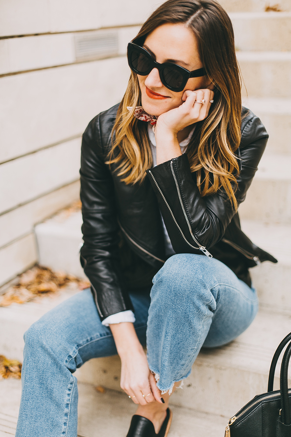 livvyland-blog-olivia-watson-crop-flare-jeans-leather-jacket-neck-scarf-bandana-untuck-it-white-top-7