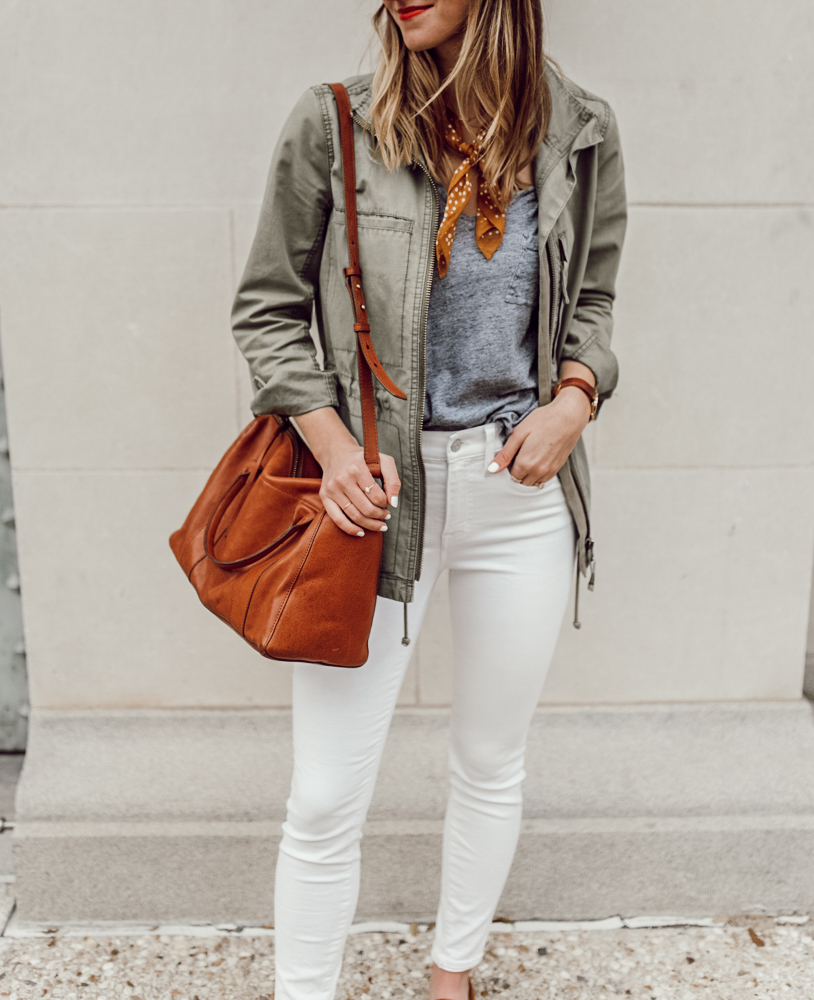 livvyland-blog-olivia-watson-madewell-fleet-utility-jacket-white-jeans-neckerchief-scarf