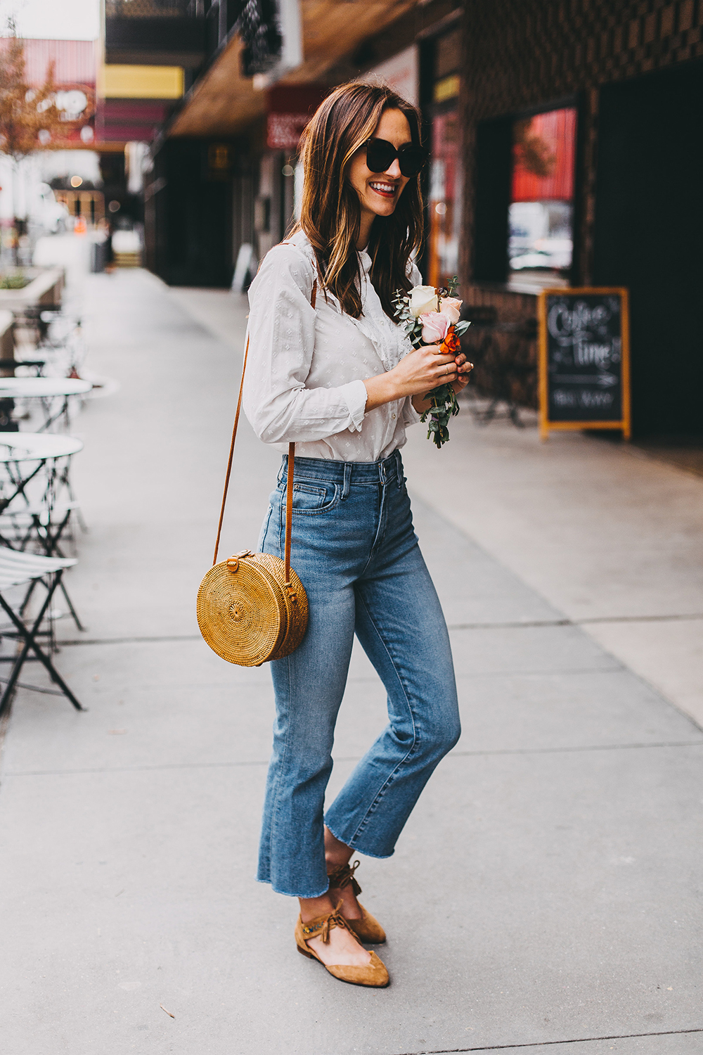 white blouse and jeans