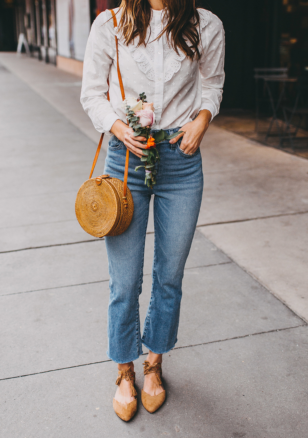 White Eyelet Top and White Flare Jeans