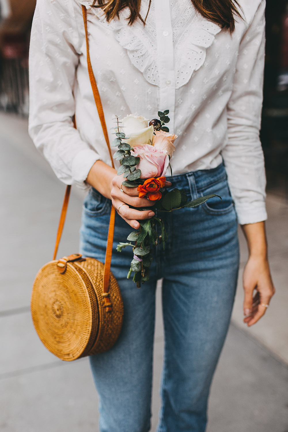 White Eyelet Top and White Flare Jeans