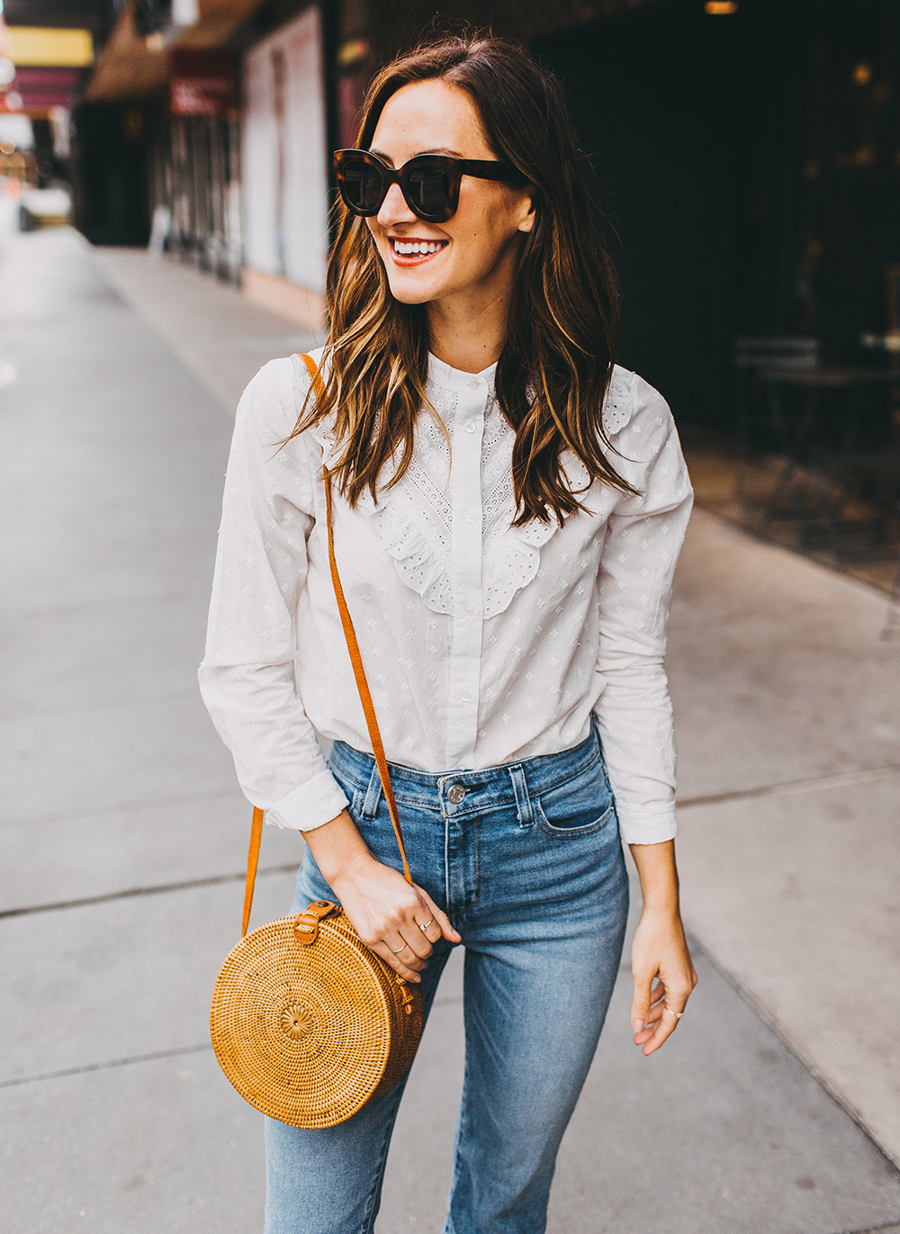 White Eyelet Top and White Flare Jeans