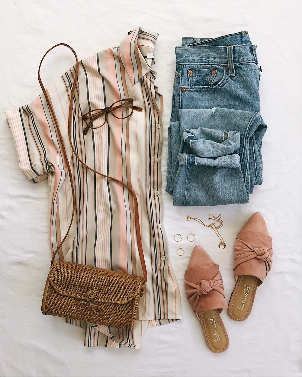 livvyland-blog-olivia-watson-flat-lay-madewell-courier-button-up-short-sleeve-top-blush-pink-slip-on-mules-slides