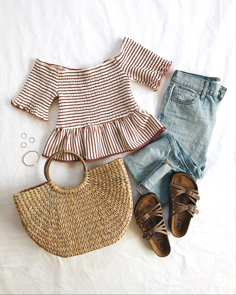 livvyland-blog-olivia-watson-flat-lay-summer-outfit-idea-inspiration-birkenstocks-granada-sandals-half-moon-straw-bag-outfit