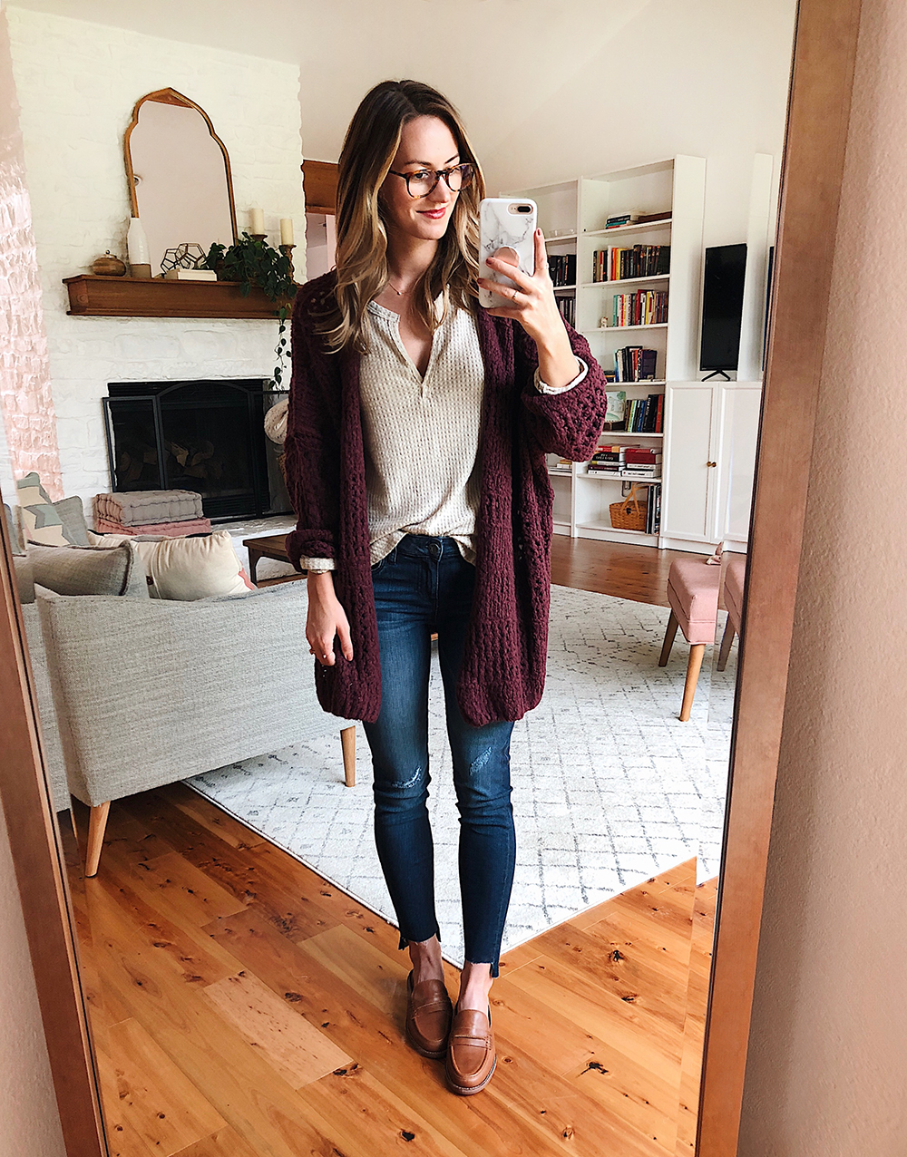 wine cardigan outfit