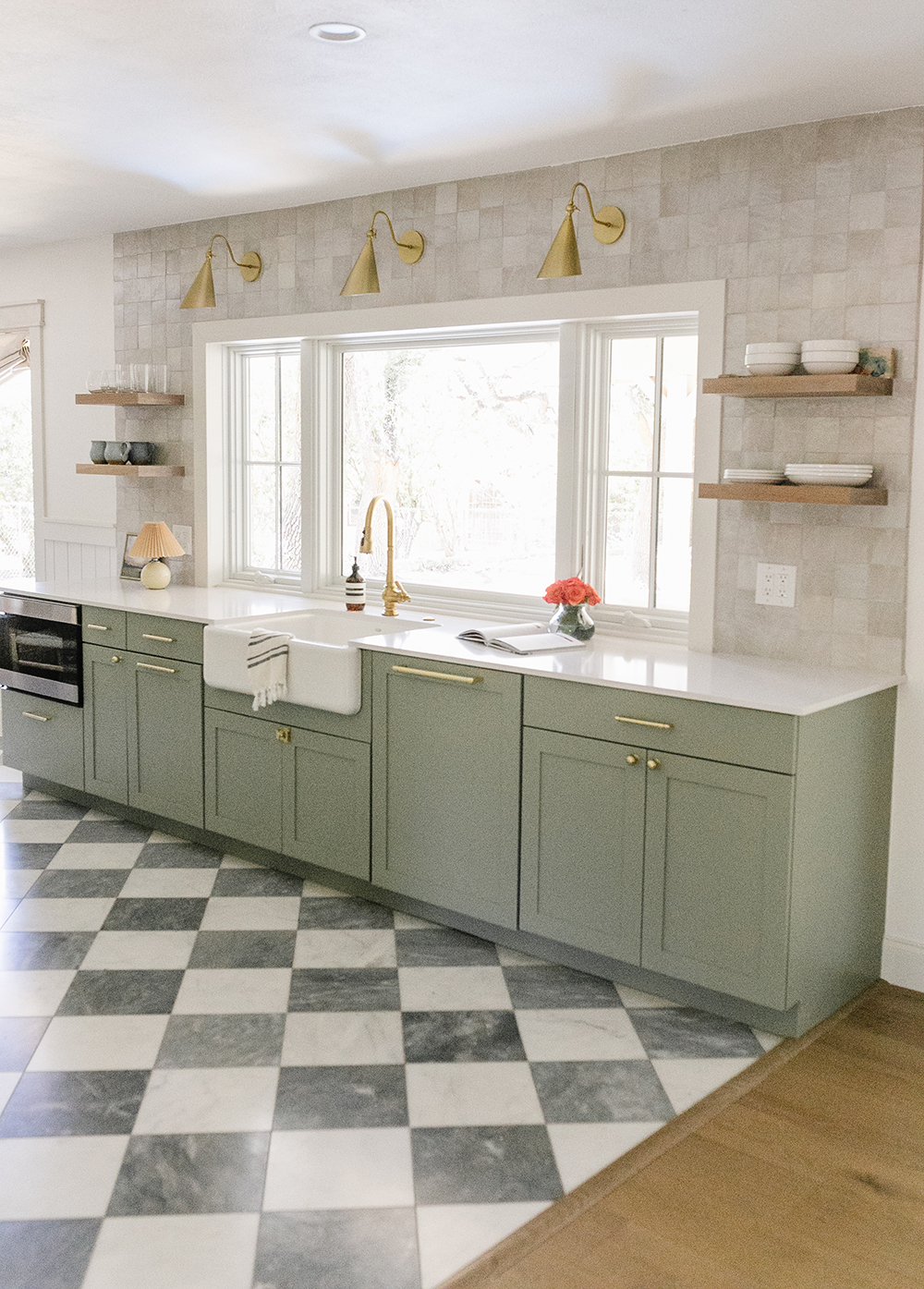 livvyland-blog-kitchen-cozy-french-country-cottage-diamond-check-tile-marble-floor-green-cabinets-silestone-el-statuario-quartz-countertops-mitzi-lupe-sconce-3-panel-window-over-sink