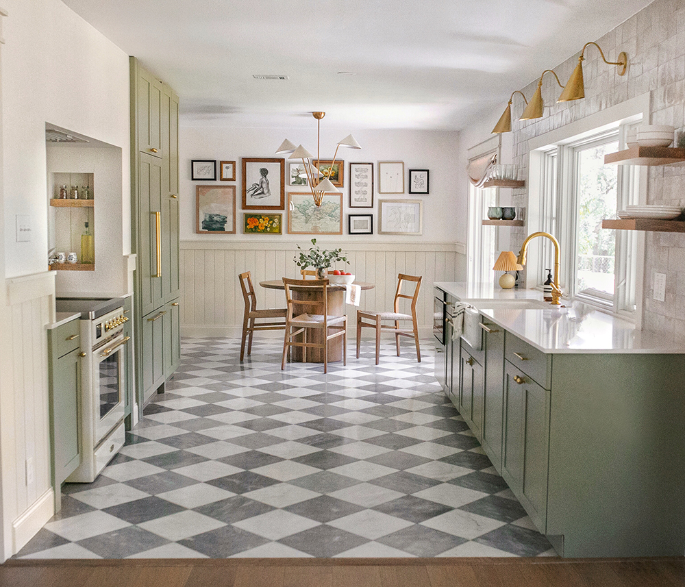 Green Wooden Kitchen Interior With Wooden Shelf And Cozy