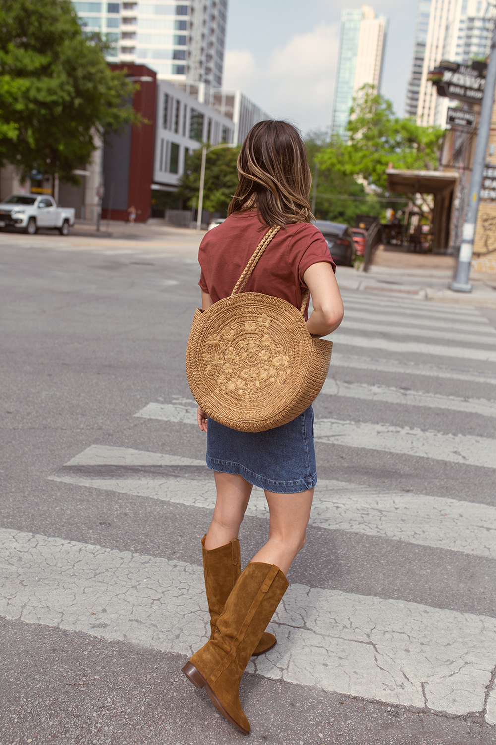 livvyland-blog-olivia-watson-austin-texas-fashion-sezane-bettie-denim-skirt-gabrielle-low-suede-taupe-boots-soliel-t-shirt-june-basket-bag-summer-outfit-idea-4