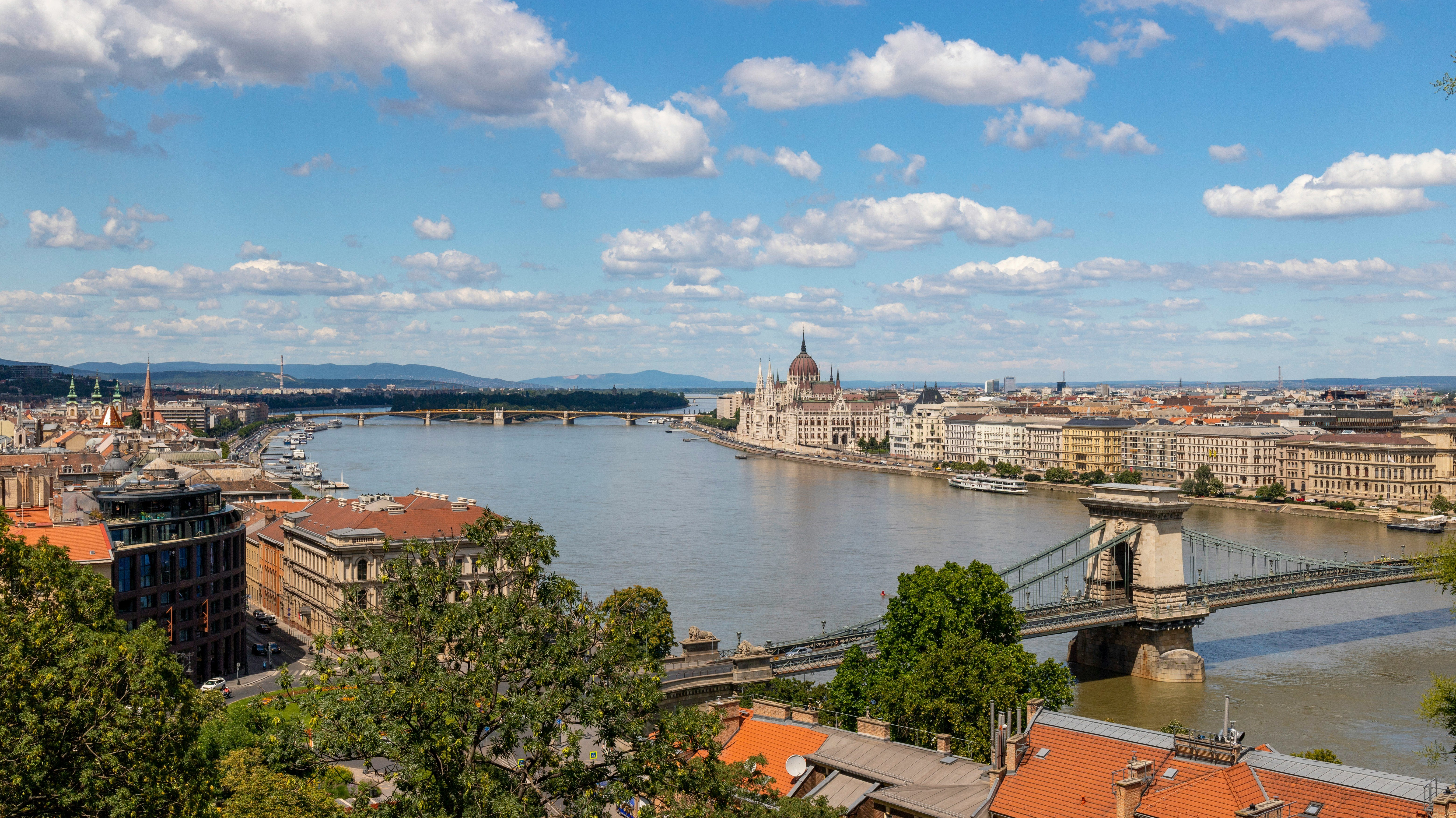 Panorama view of Budapest: Chain Bridge, Parliament, Margaret Bridge, Budapest, Hungary