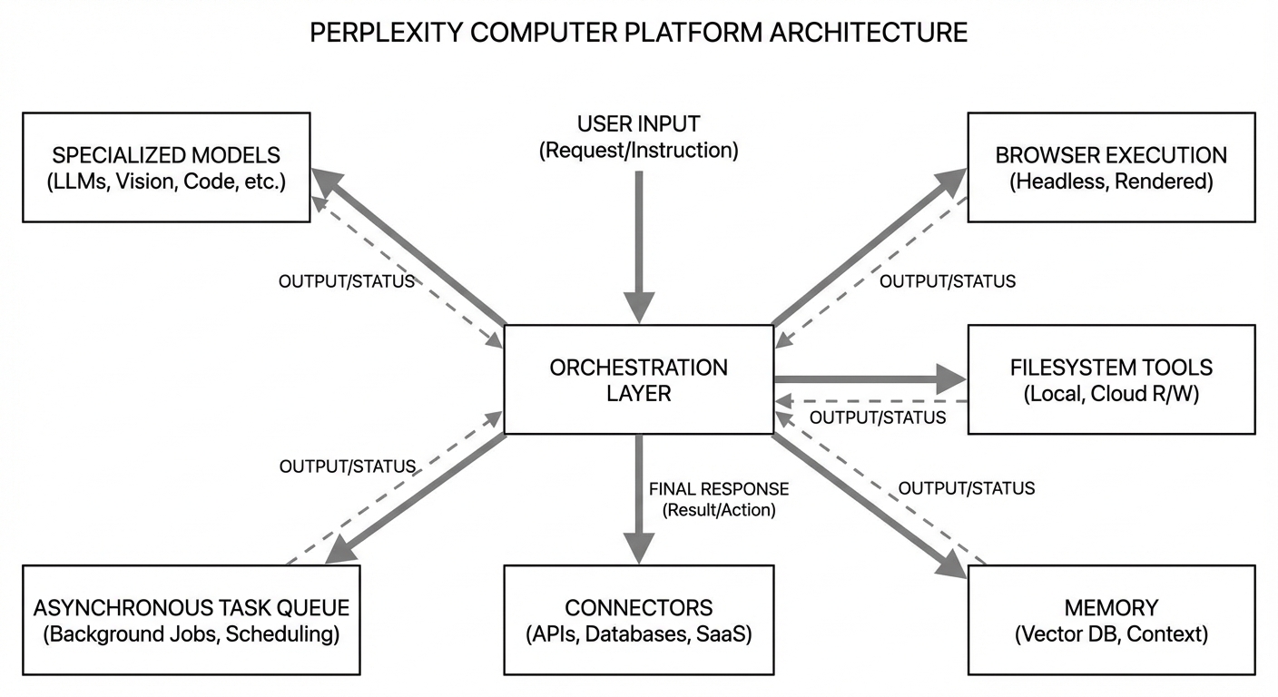 Architecture map showing Perplexity Computer orchestrating models, browser, filesystem, connectors, and memory into long-running agent workflows