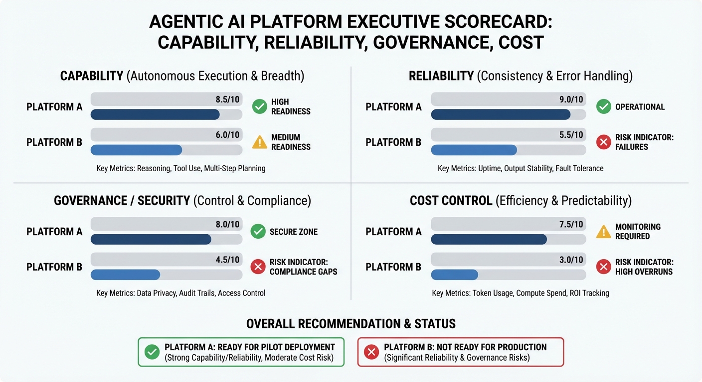 Operational scorecard visual for agentic systems comparing capability, reliability, security governance, and cost control