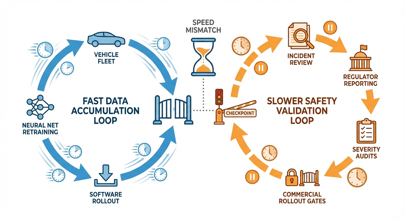 Conceptual chart showing gap between fast software data accumulation and slower safety validation in commercial autonomy