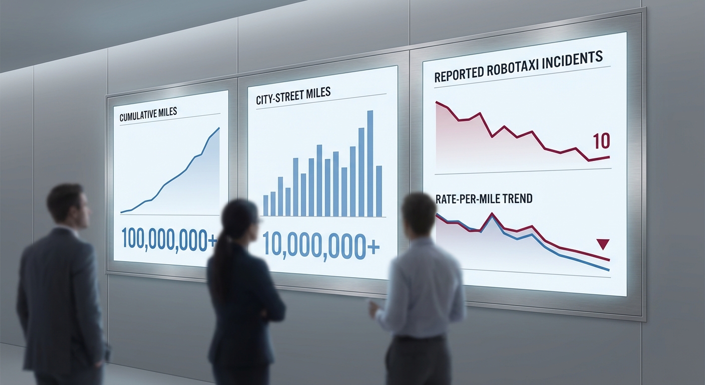 Dashboard comparing Tesla FSD cumulative miles, robotaxi incidents, and benchmark safety rates