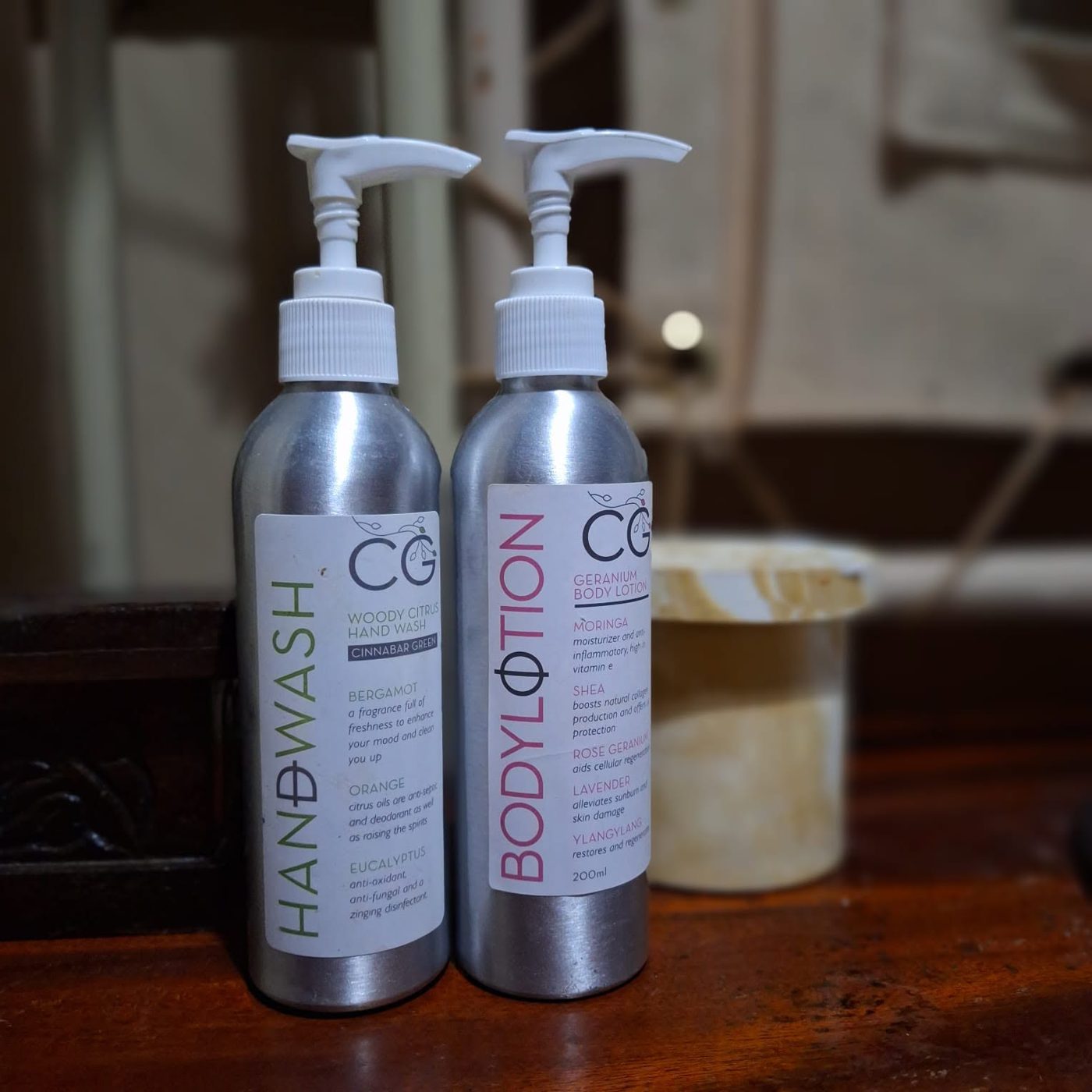 Cinnabar Green hand wash and body lotion at the refill station in Karen