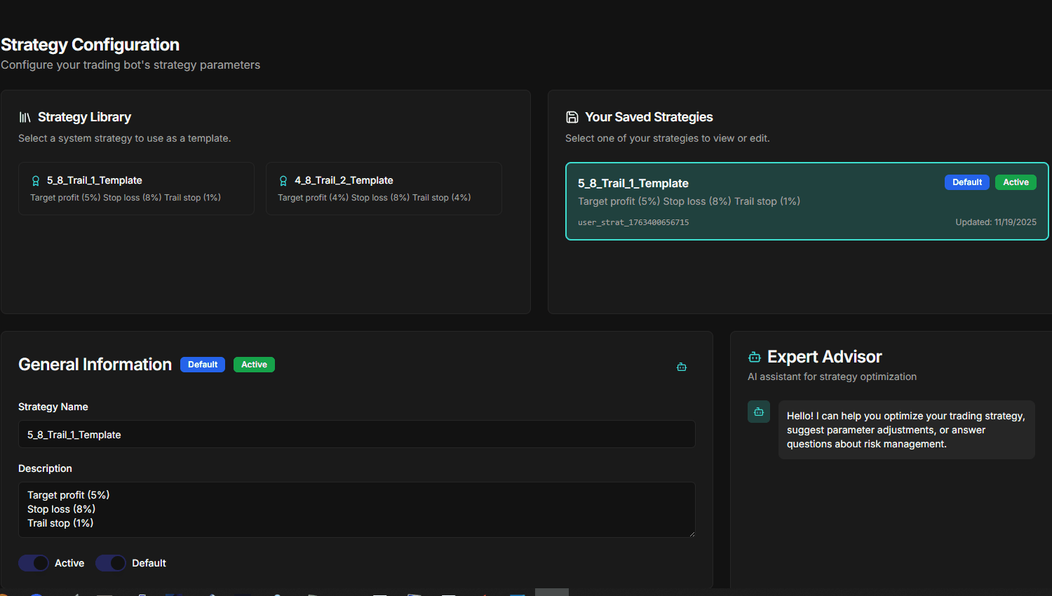 Fine-tune every parameter of your trading bot. From risk management to execution logic, you have complete control over how your strategy operates.