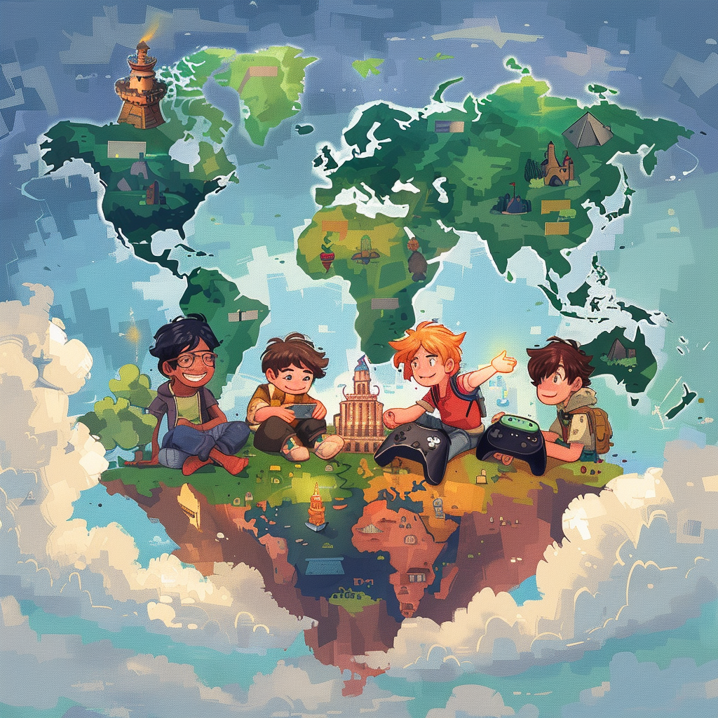 Illustrate VPN magic unlocking global play with friends: controllers, world map, game characters, secure connections.