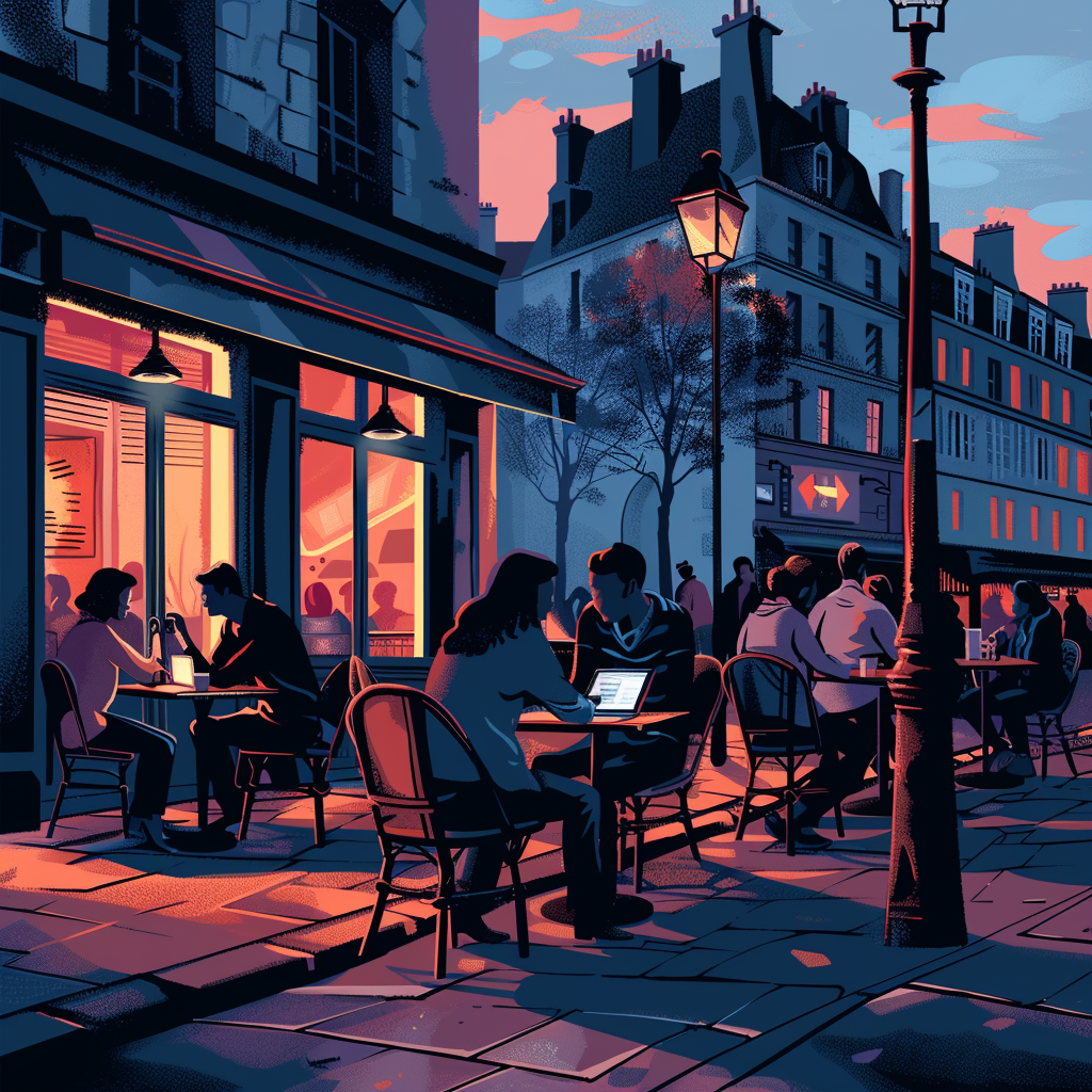 Illustrate VPN unlocking Massachusetts content from a Paris café