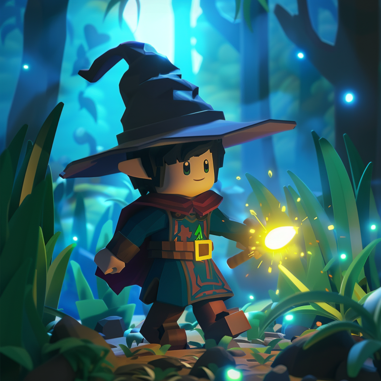 Illustrate playful Roblox adventure with wizardly ForestVPN unlocking global access
