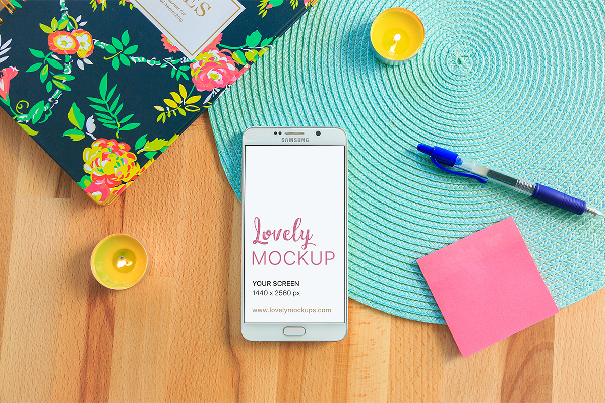 Download Galaxy Note Mockup With Two Yellow Candles - Lovely Mockups
