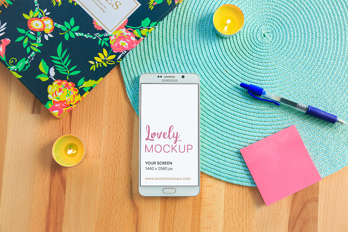 Galaxy Note Mockup With Two Yellow Candles - Lovely Mockups